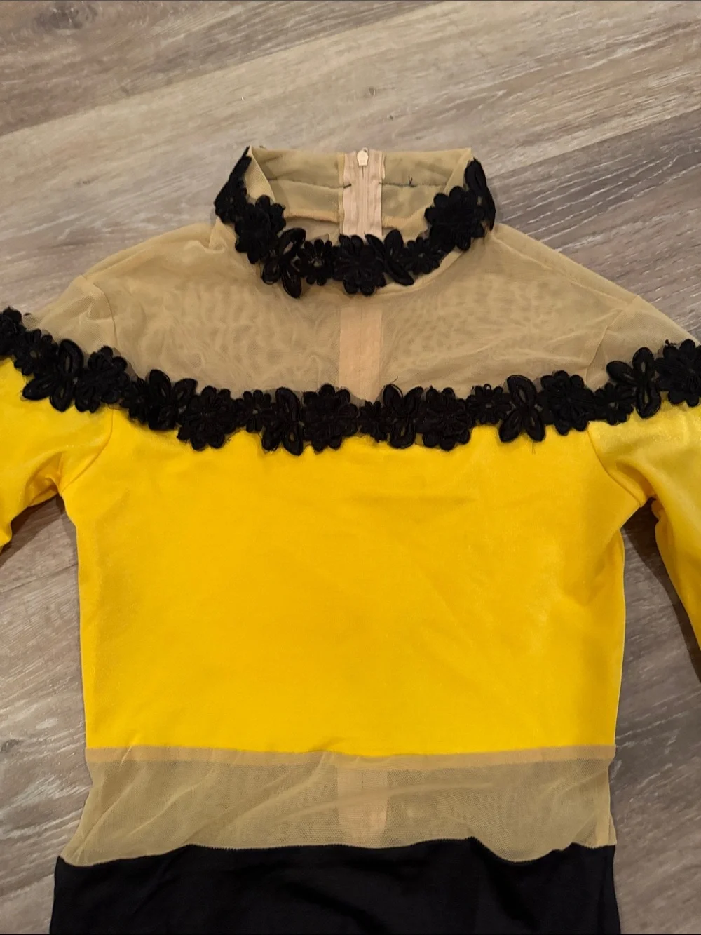 Kelle- Yellow and Black Long-Sleeve Kids Dance Leotard with Sheer Yoke